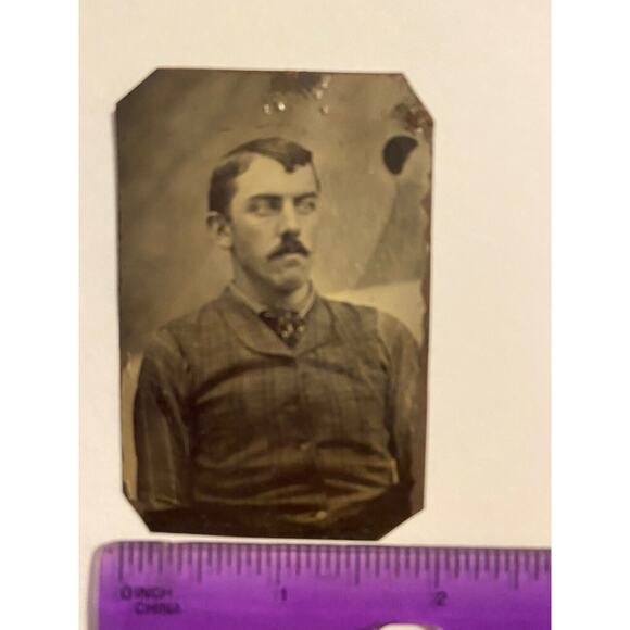 Tintype Photograph Long Faced Man with Mustache, Plaid Jacket and Striped Shirt - Picture 6 of 6